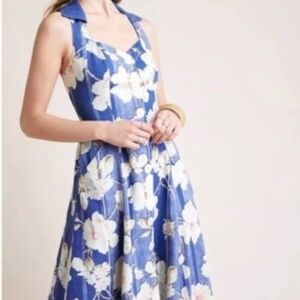 Anthropologie Camellia Retro Floral Print Collared Linen Dress Size 4